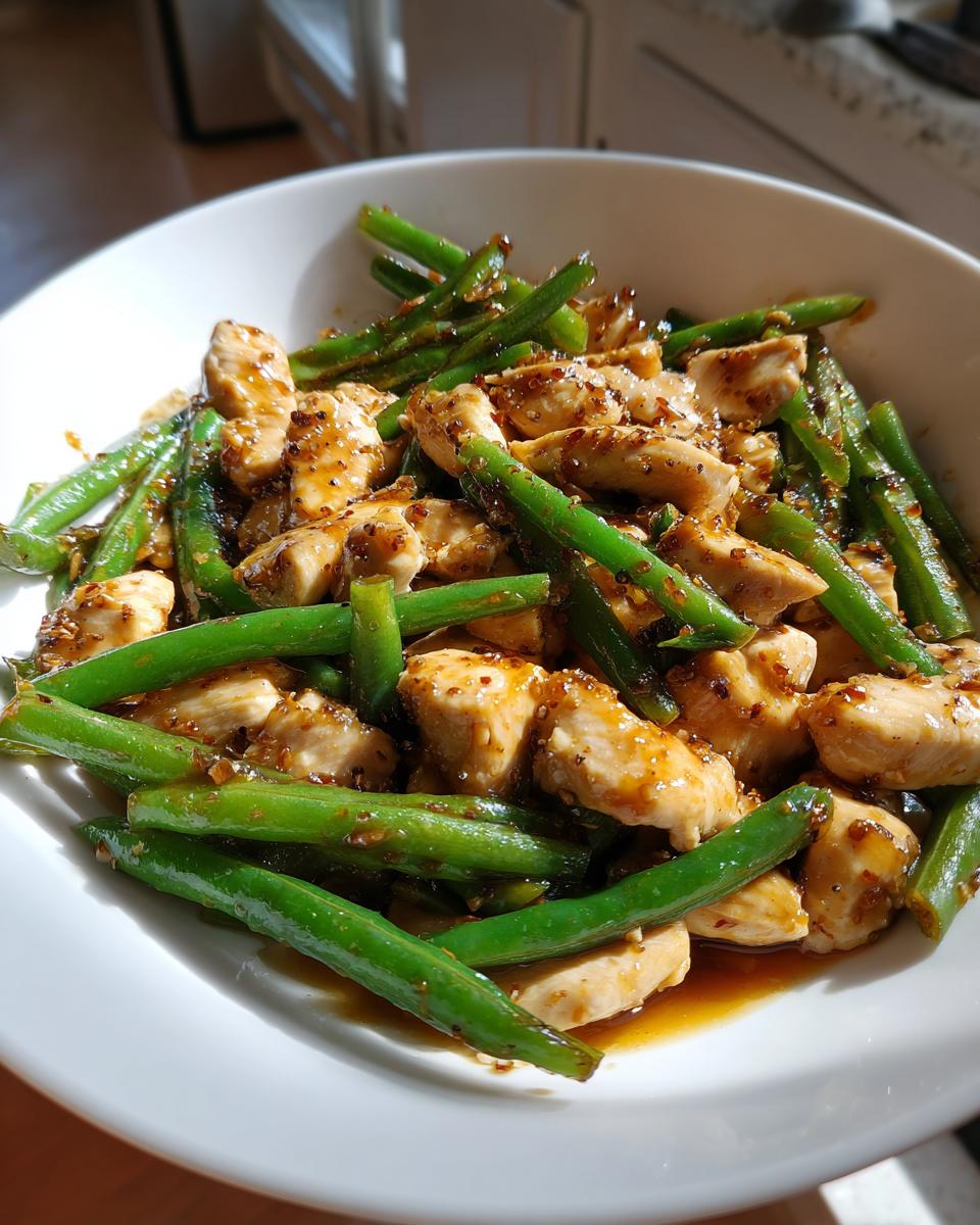 Close-up of a white bowl filled with saucy chicken and green beans, showcasing the chicken and green beans skillet meal.