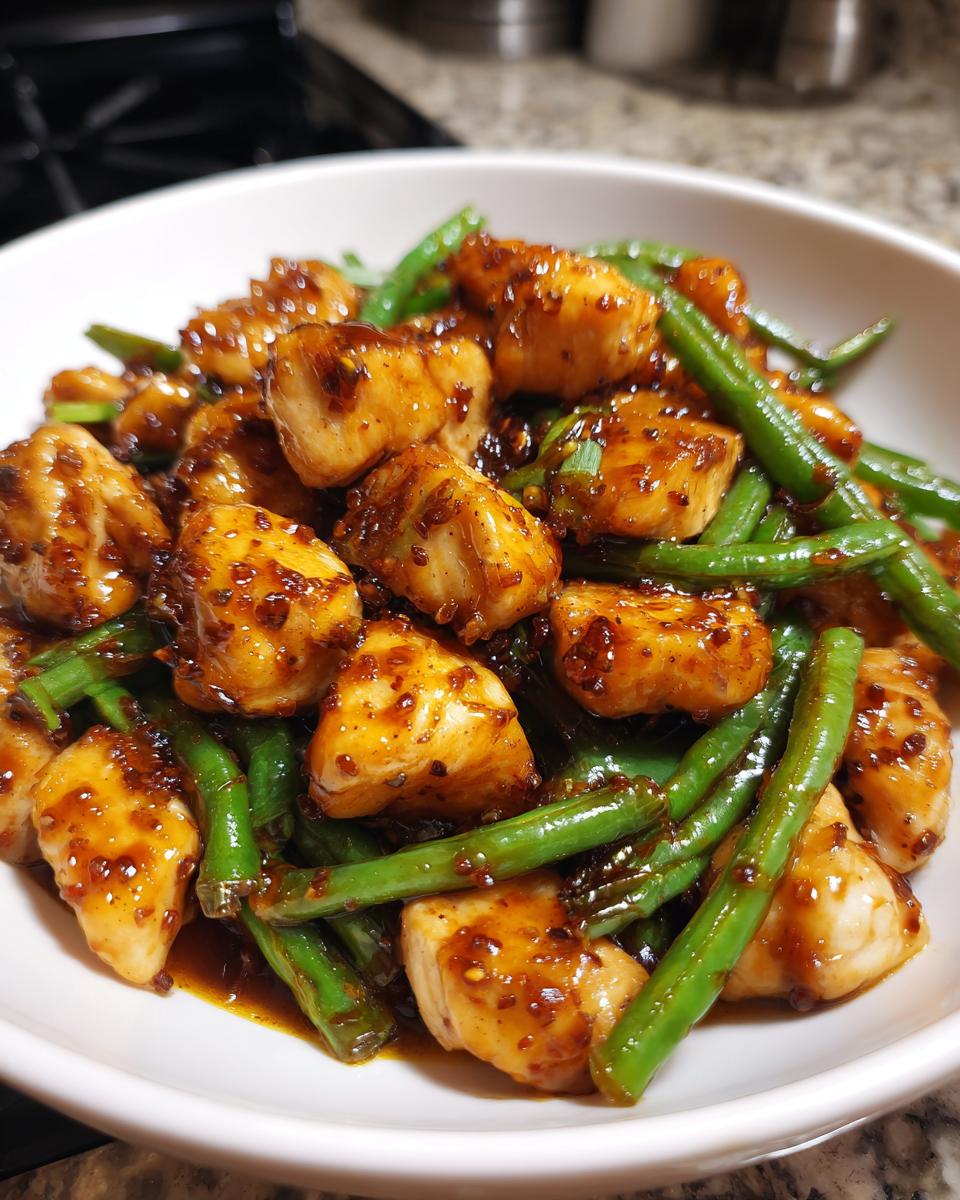 Close-up of bite-sized chicken pieces coated in a savory sauce mixed with bright green beans, a perfect chicken and green beans skillet.