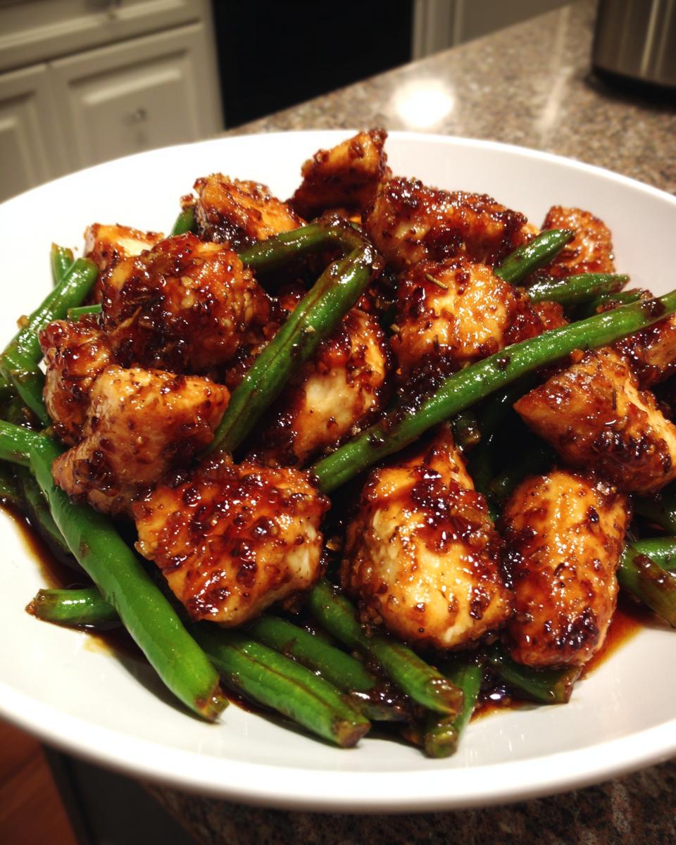Close-up of tender chicken pieces coated in a dark glaze mixed with bright green beans in a white bowl, featuring the chicken and green beans.
