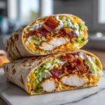 Close-up of a chicken bacon ranch wrap cut in half, showing crispy chicken, bacon, lettuce, cheese, and ranch dressing.