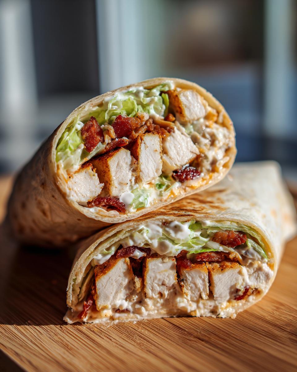 Cross-section view of a delicious chicken bacon ranch wrap filled with diced chicken, crispy bacon, lettuce, and ranch dressing.