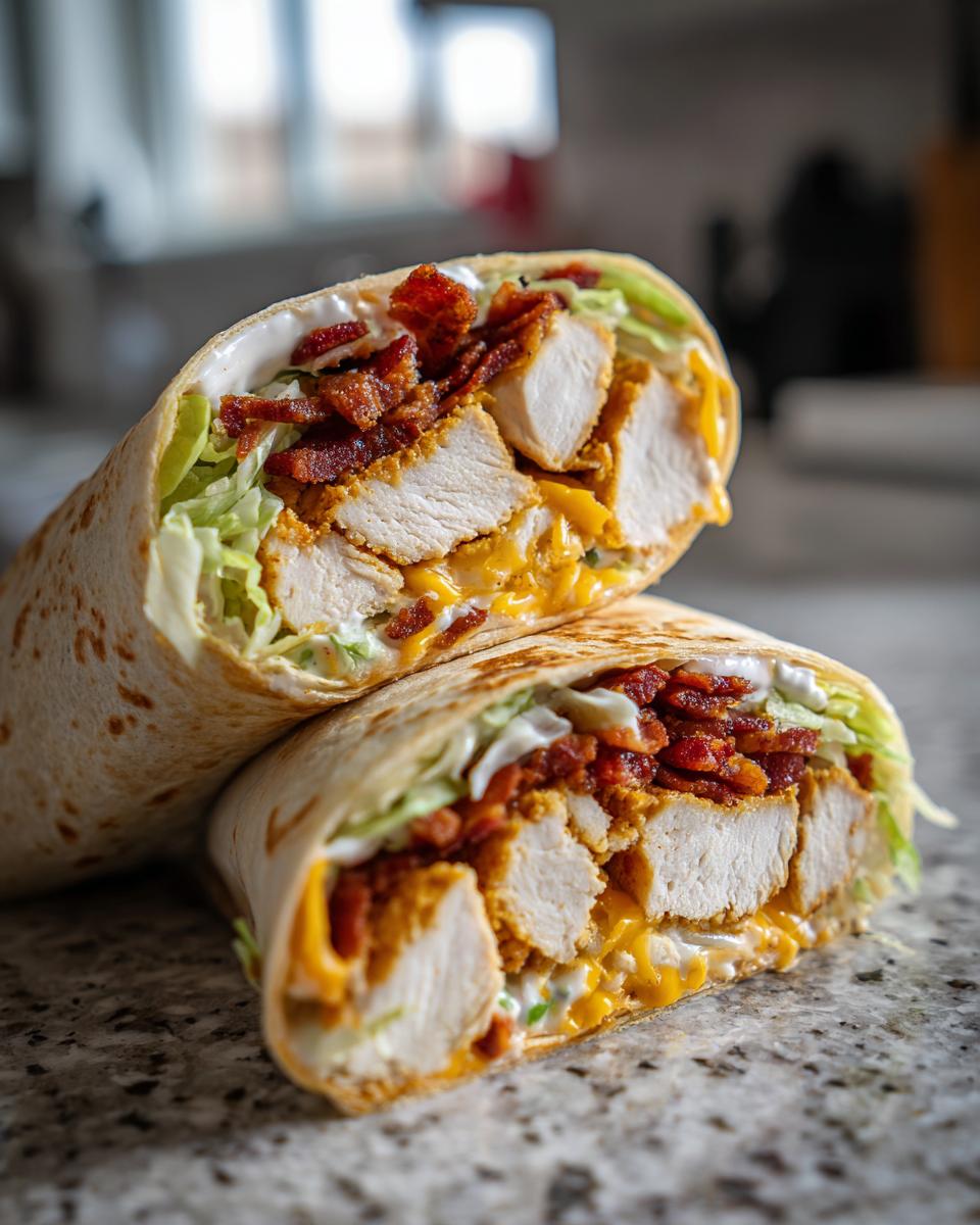 Close-up of a chicken bacon ranch wrap cut in half, showing crispy chicken, bacon, cheese, and ranch dressing.