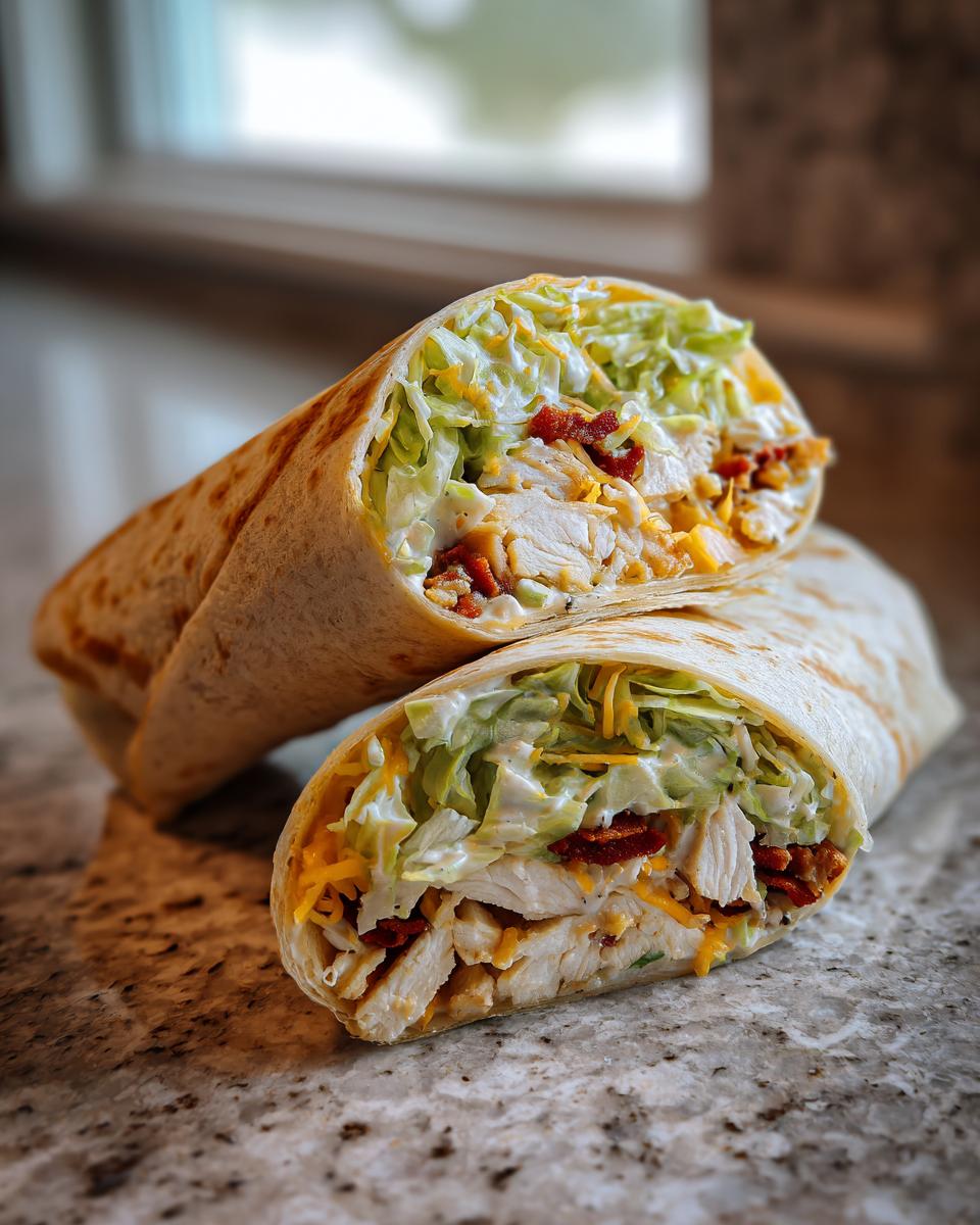 A chicken bacon ranch wrap cut in half showing layers of chicken, bacon, cheese, lettuce, and ranch dressing.