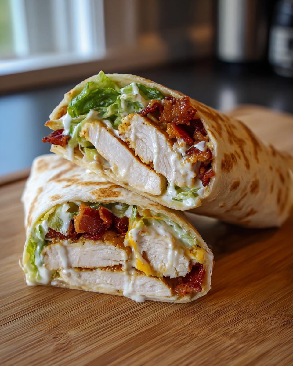 A close-up of a chicken bacon ranch wrap cut in half, showing layers of chicken, bacon, lettuce, and ranch dressing.