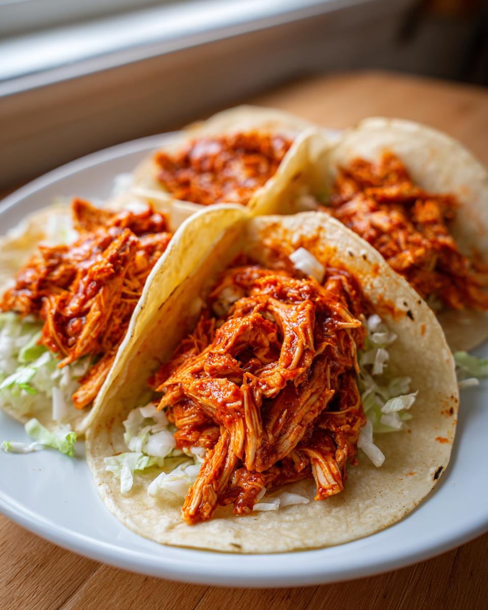 Close-up of three soft corn tortillas filled with shredded, saucy chicken tinga and shredded lettuce.