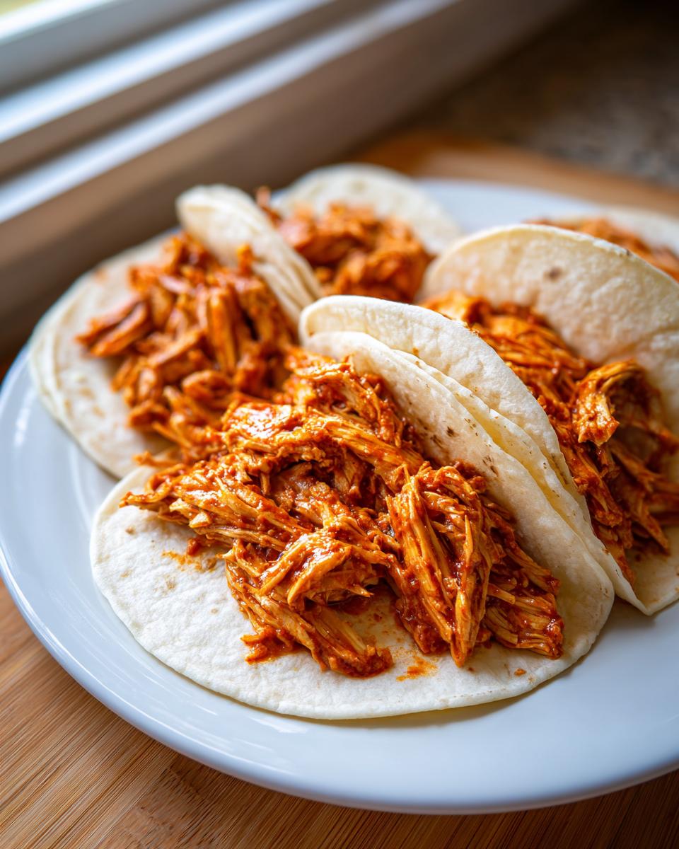 Close-up of several soft corn tortillas filled generously with saucy, shredded chicken tinga on a white plate.