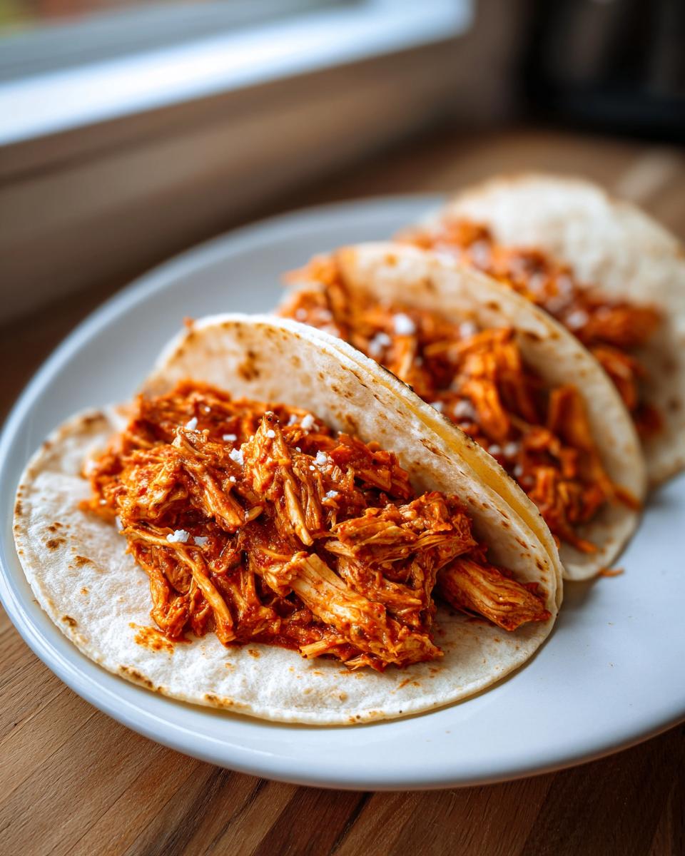 Three soft corn tortillas filled with vibrant red, shredded chicken tinga and topped with crumbled white cheese.