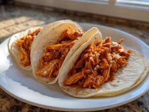 Three soft corn tortillas filled generously with vibrant orange shredded chicken tinga and topped with crumbled white cheese.