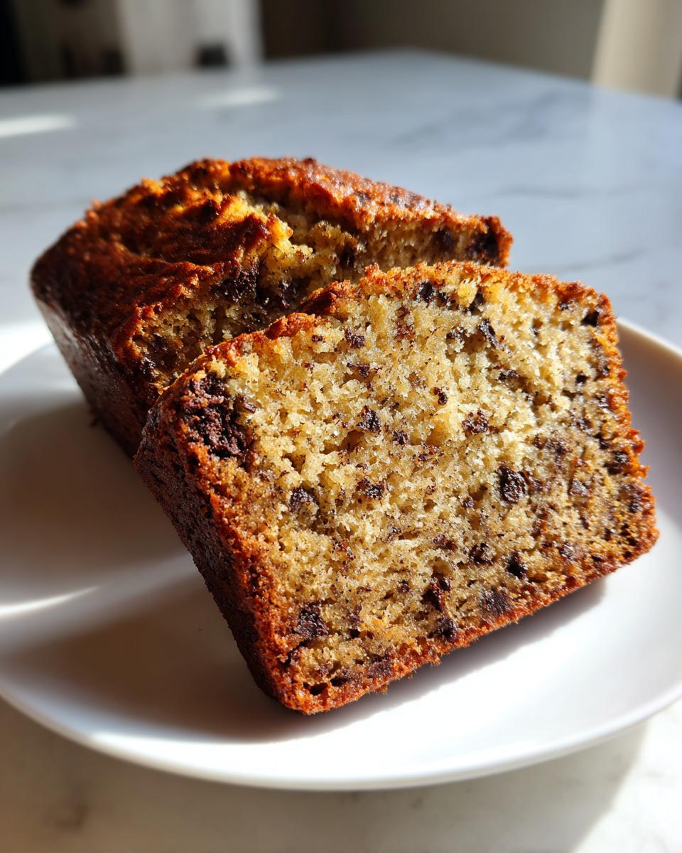 Close-up of a thick slice of moist vegan banana bread packed with chocolate chips, sitting next to the loaf.
