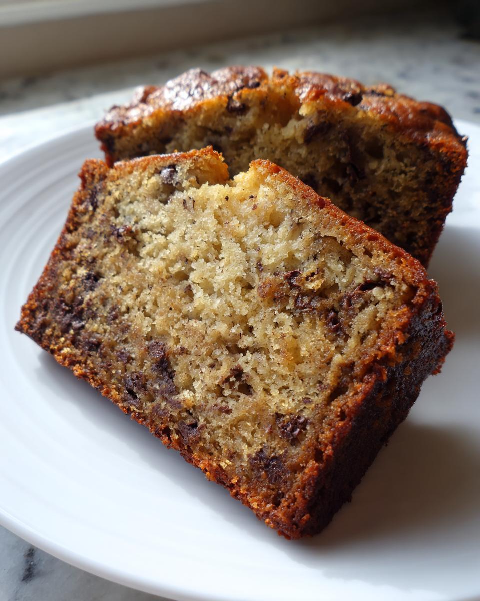 Two slices of moist vegan banana bread studded with chocolate chips resting on a white plate.