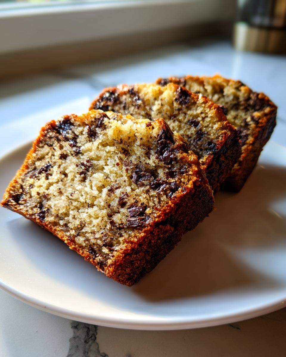 Three slices of moist vegan banana bread studded with chocolate chips, served on a white plate.