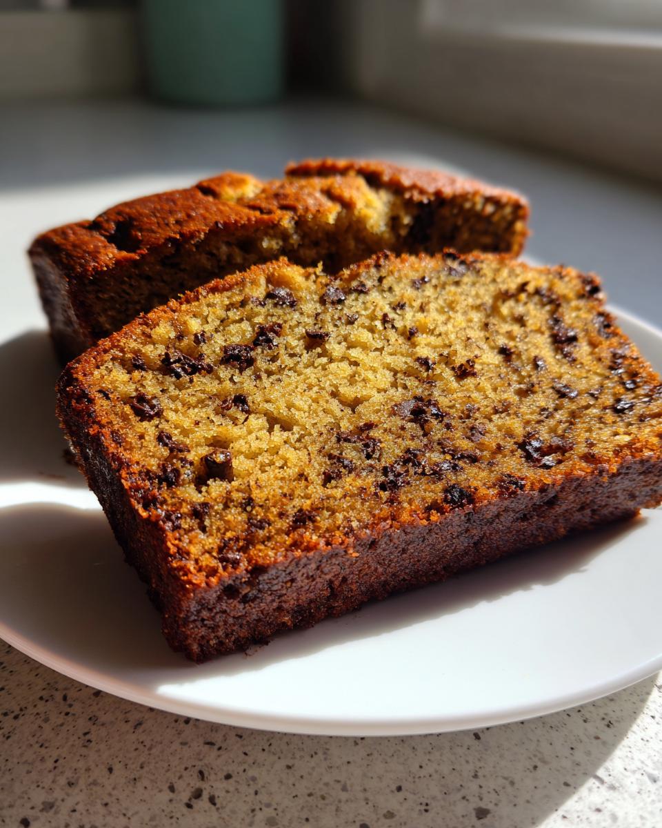 Two slices of moist vegan banana bread studded with chocolate chips resting on a white plate.
