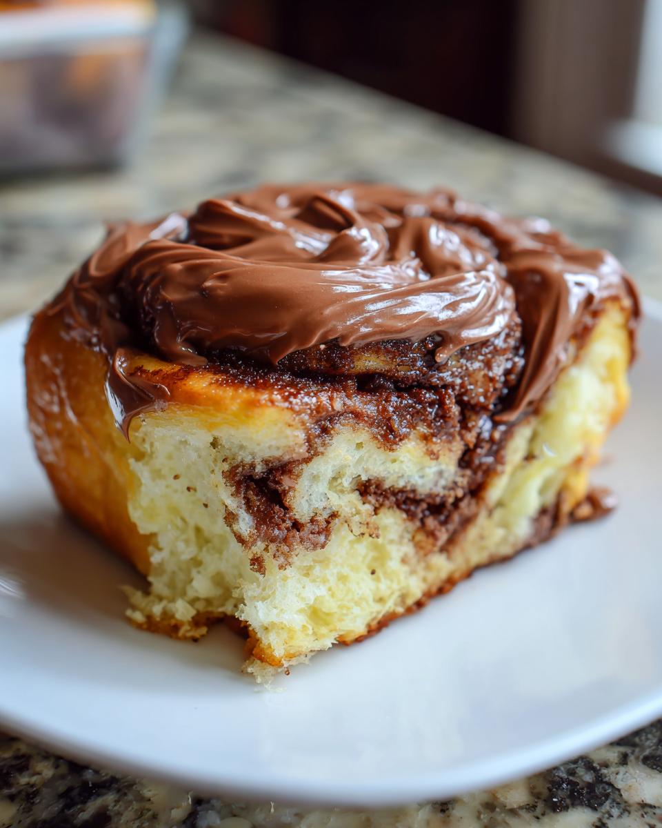 A close-up of a single, soft chocolate cinnamon roll topped with thick, melted chocolate frosting.