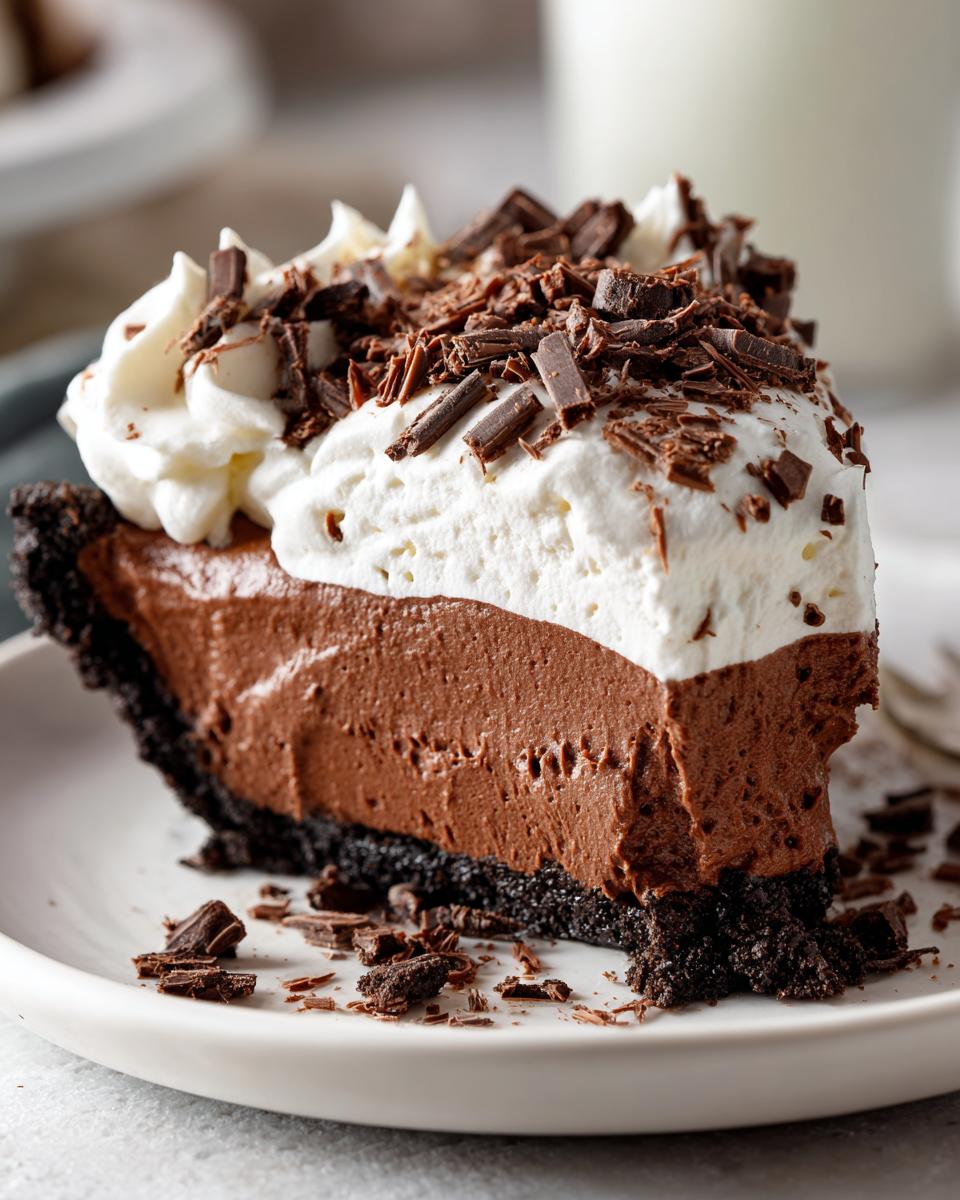 Close-up of a decadent slice of chocolate mousse pie with a dark crust, topped with whipped cream and chocolate shavings.