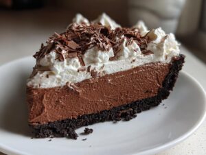 A decadent slice of chocolate mousse pie featuring a dark crust, rich filling, whipped cream topping, and chocolate shavings.