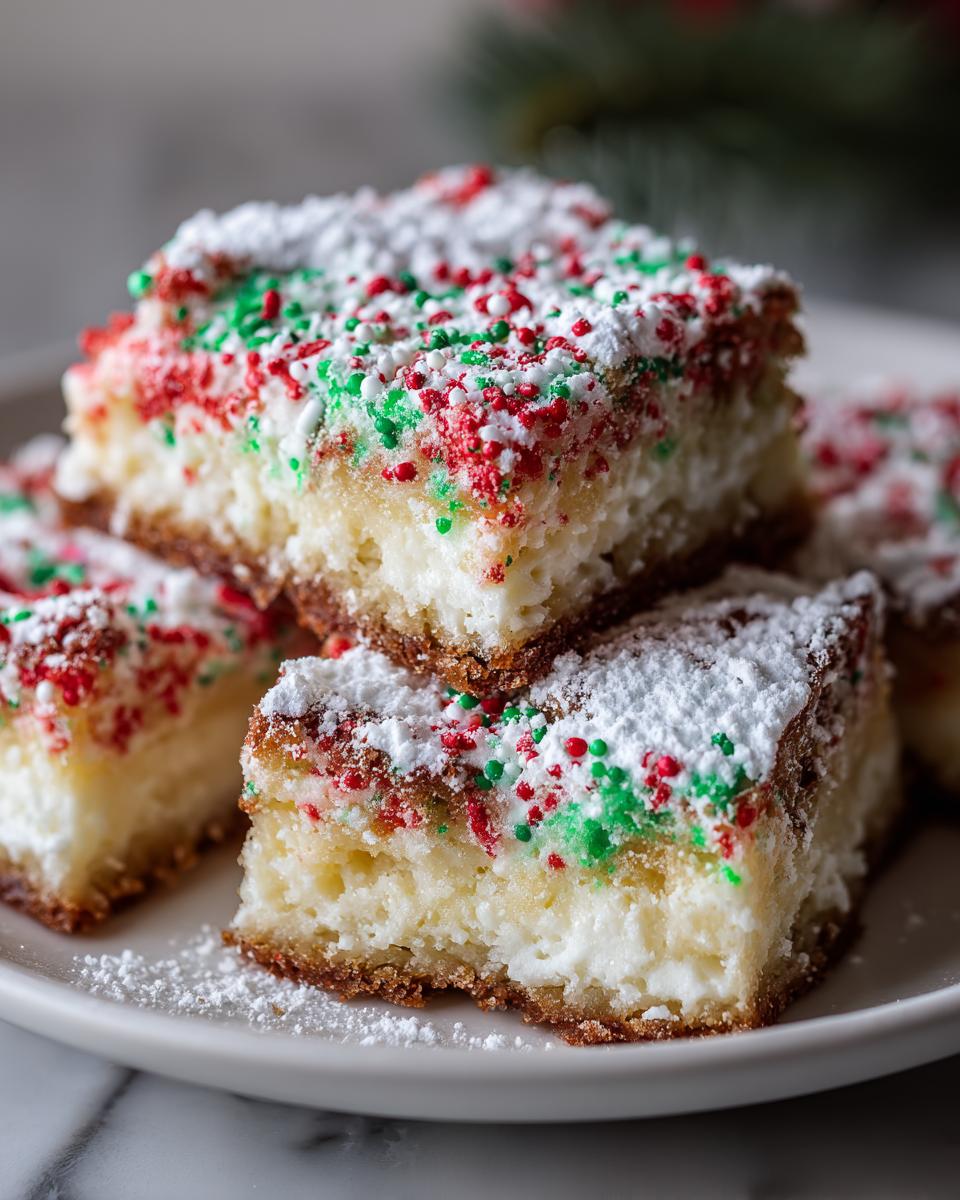 Close-up of stacked Christmas gooey butter cookies squares topped with powdered sugar and red/green sprinkles.