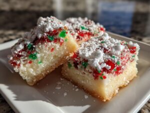 Three squares of Christmas gooey butter cookies topped with powdered sugar and red and green sprinkles on a white plate.