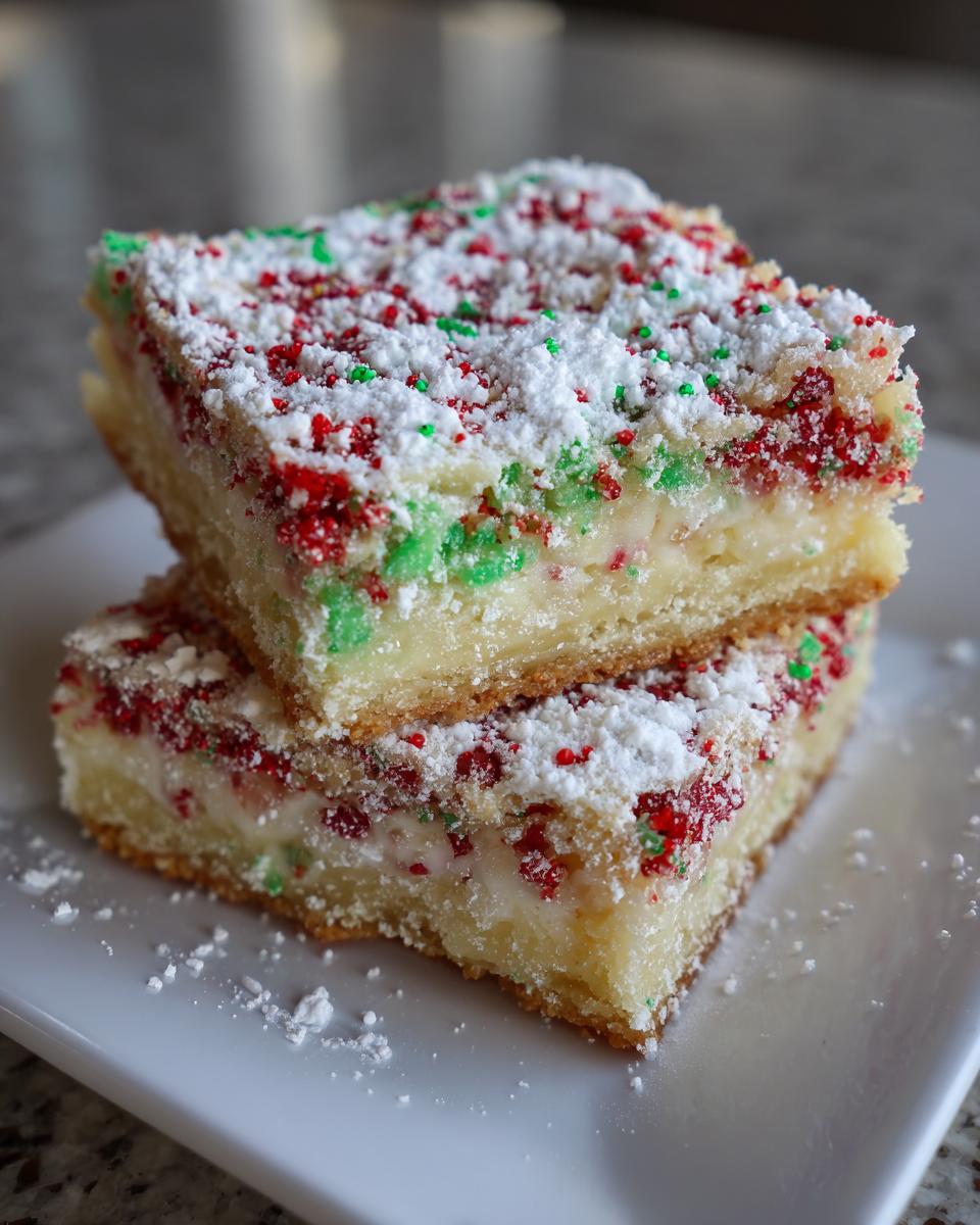 Two stacked squares of Christmas gooey butter cookies topped with powdered sugar and red and green sprinkles.