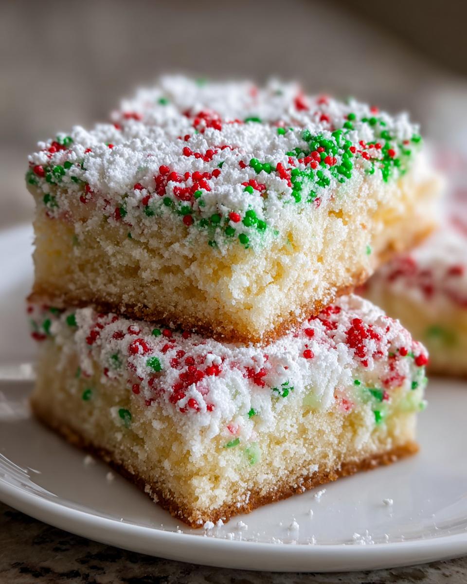 Two stacked squares of Christmas gooey butter cookies topped with powdered sugar and red and green sprinkles.