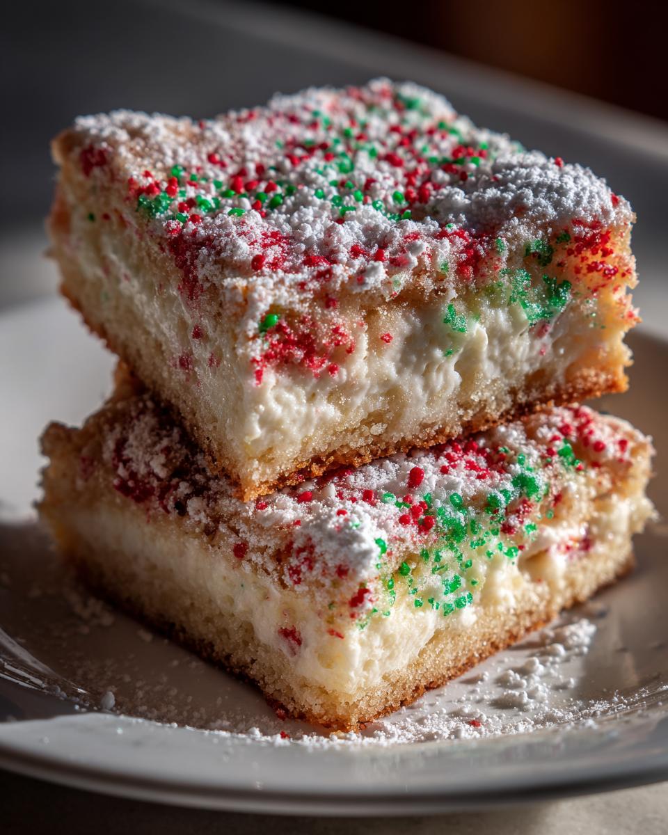 Two stacked squares of Christmas gooey butter cookies featuring a thick cream cheese layer and topped with powdered sugar and red/green sprinkles.