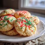 A close-up of soft, round christmas sprinkle sugar cookies topped with festive red and green sprinkles, resting on a white plate.