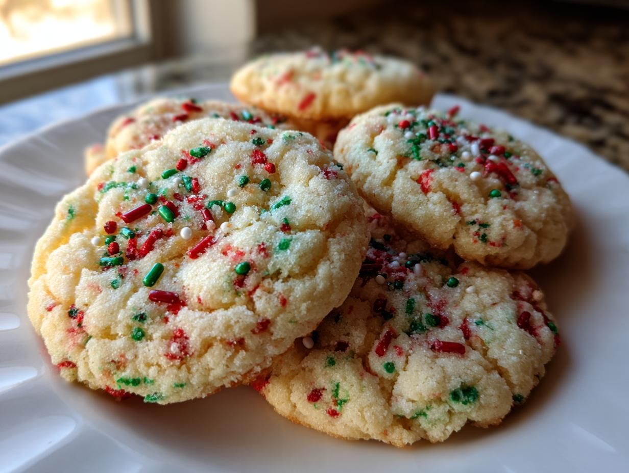 Close-up of soft, chewy christmas sprinkle sugar cookies topped with red and green holiday sprinkles on a white plate.