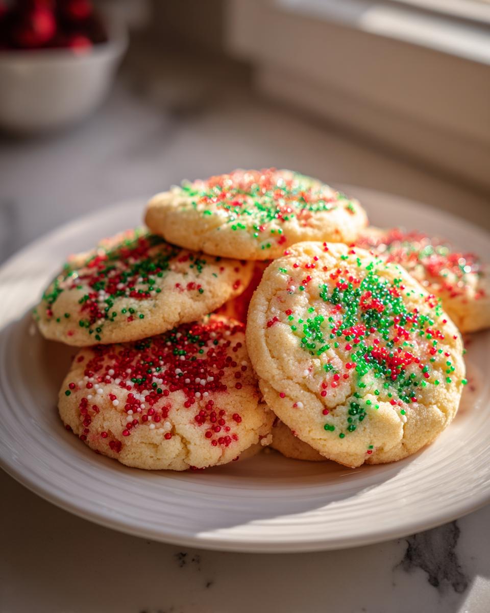 A stack of soft christmas sprinkle sugar cookies topped with festive red and green nonpareils on a white plate.