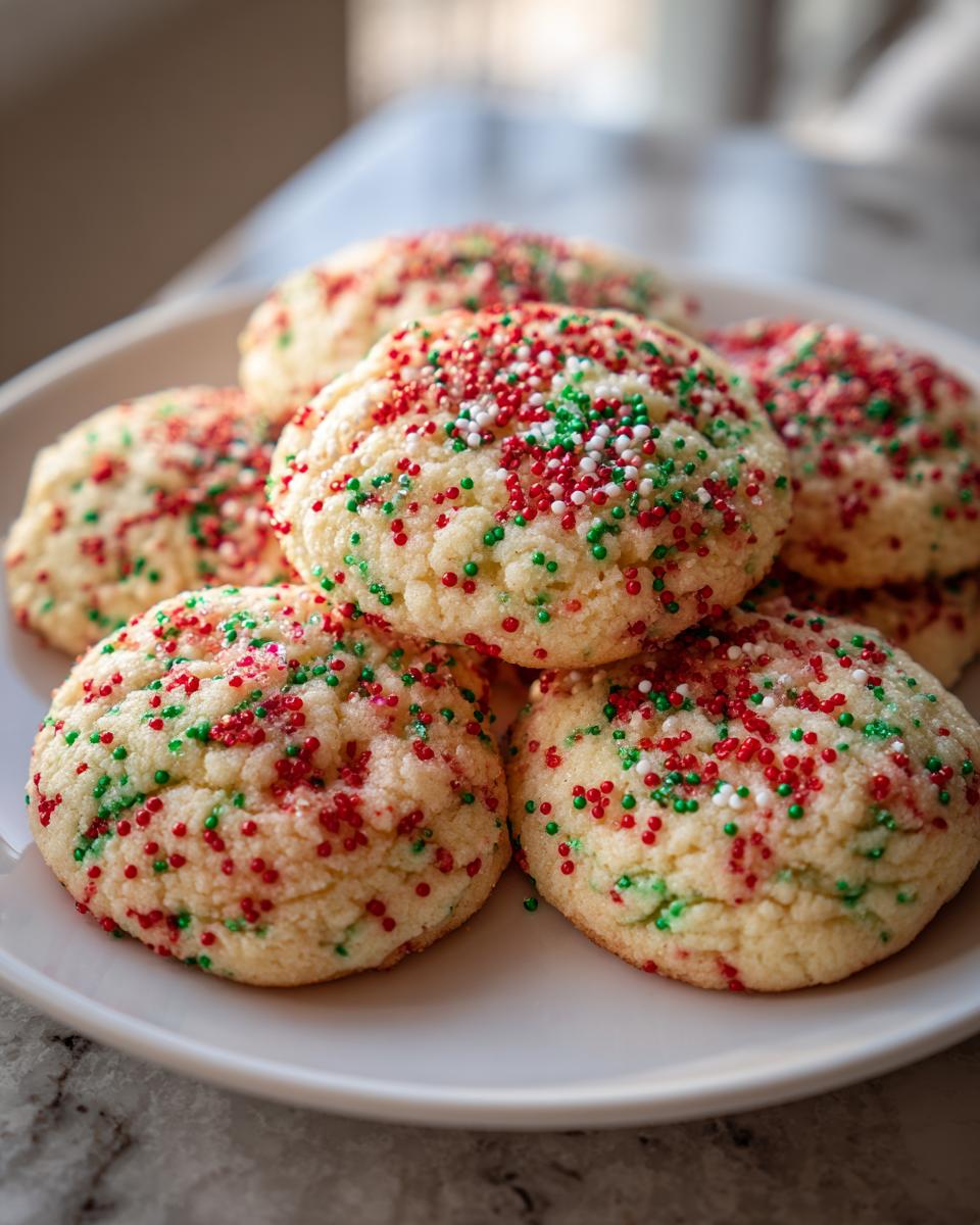 A stack of soft, round christmas sprinkle sugar cookies topped with festive red, green, and white nonpareils.