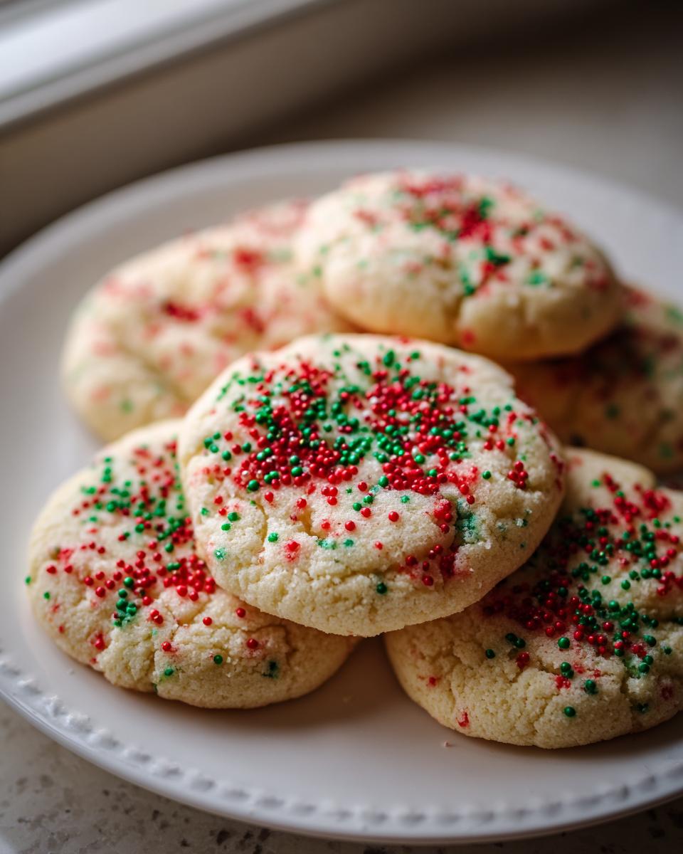 A stack of soft, round christmas sprinkle sugar cookies topped with red and green nonpareils on a white plate.