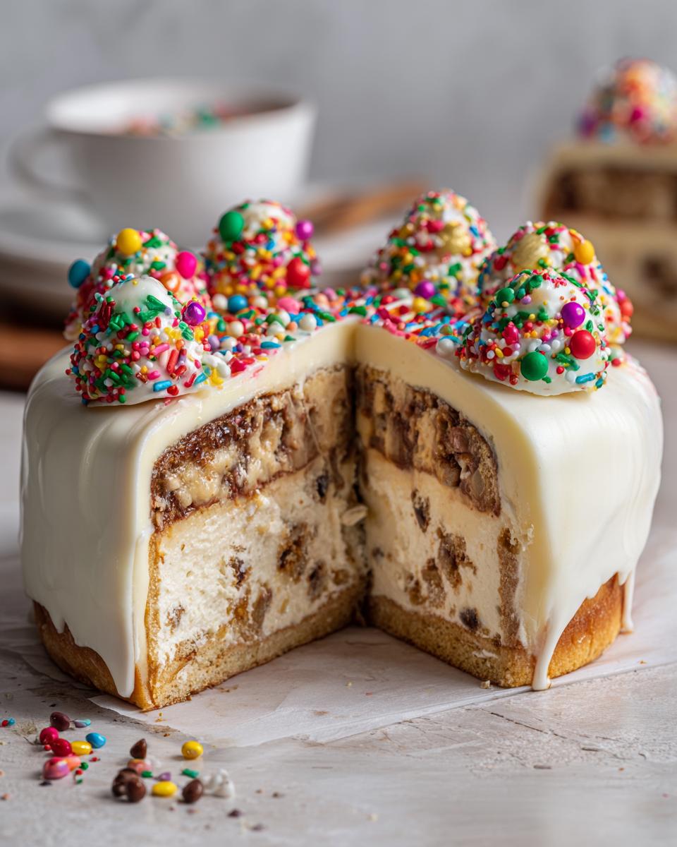 A slice cut from a festive Christmas tree cheesecake showing layers of filling, topped with white glaze and colorful sprinkles.