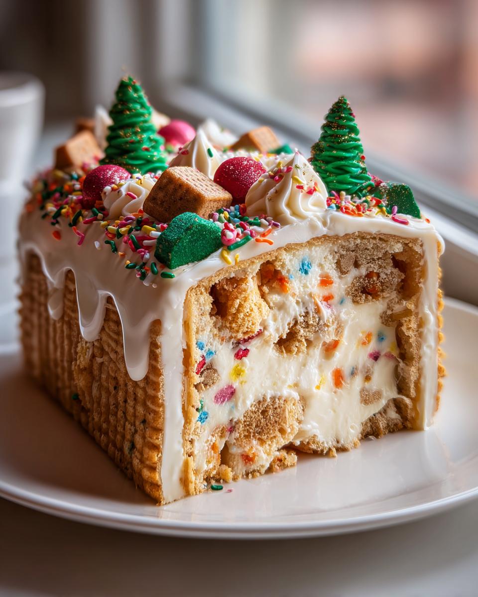 A cross-section slice of a festive Christmas tree cheesecake, showing a creamy filling with colorful specks and holiday toppings.