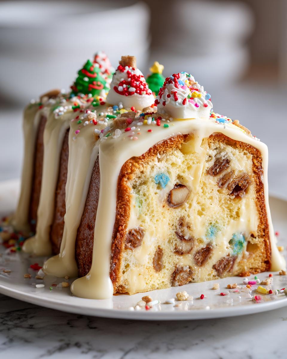 A slice of festive Christmas tree cheesecake covered in thick white glaze and colorful sprinkles.