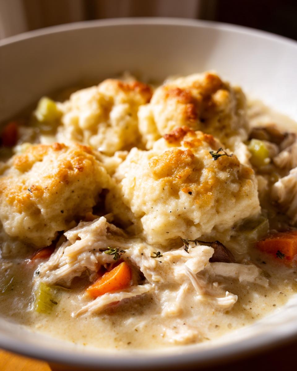 A close-up bowl of creamy chicken and dumpling stew featuring shredded chicken, carrots, celery, and golden-brown, fluffy dumplings.