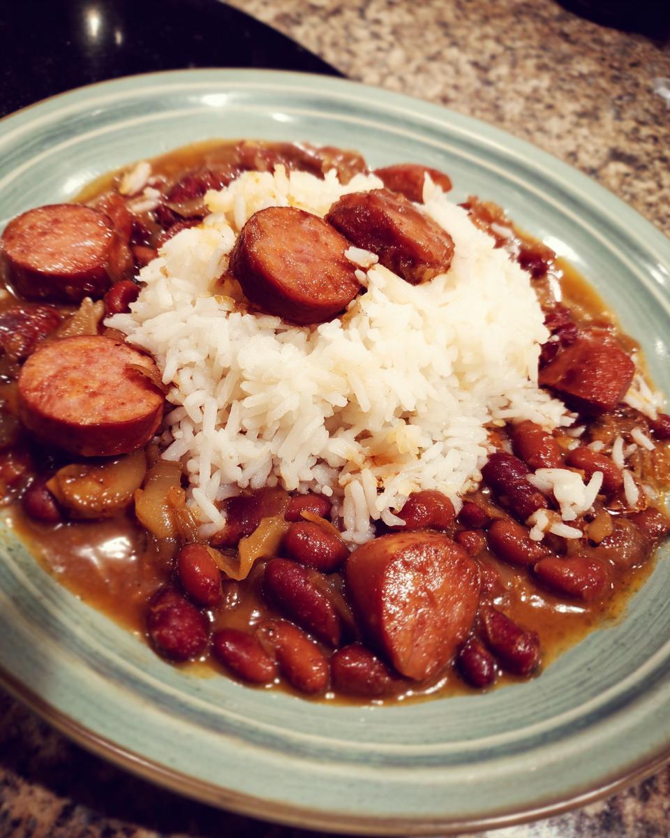Close-up of a plate featuring white rice topped with red kidney beans and sliced smoked sausage, a perfect example of beans and rice.
