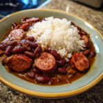 A close-up of a bowl of savory beans and rice topped with sliced smoked sausage.