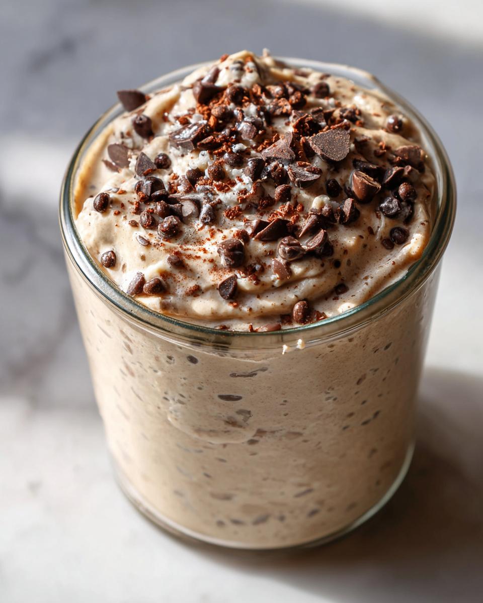 Close-up of creamy cookie dough overnight oats in a glass jar, topped with mini chocolate chips and cocoa powder.