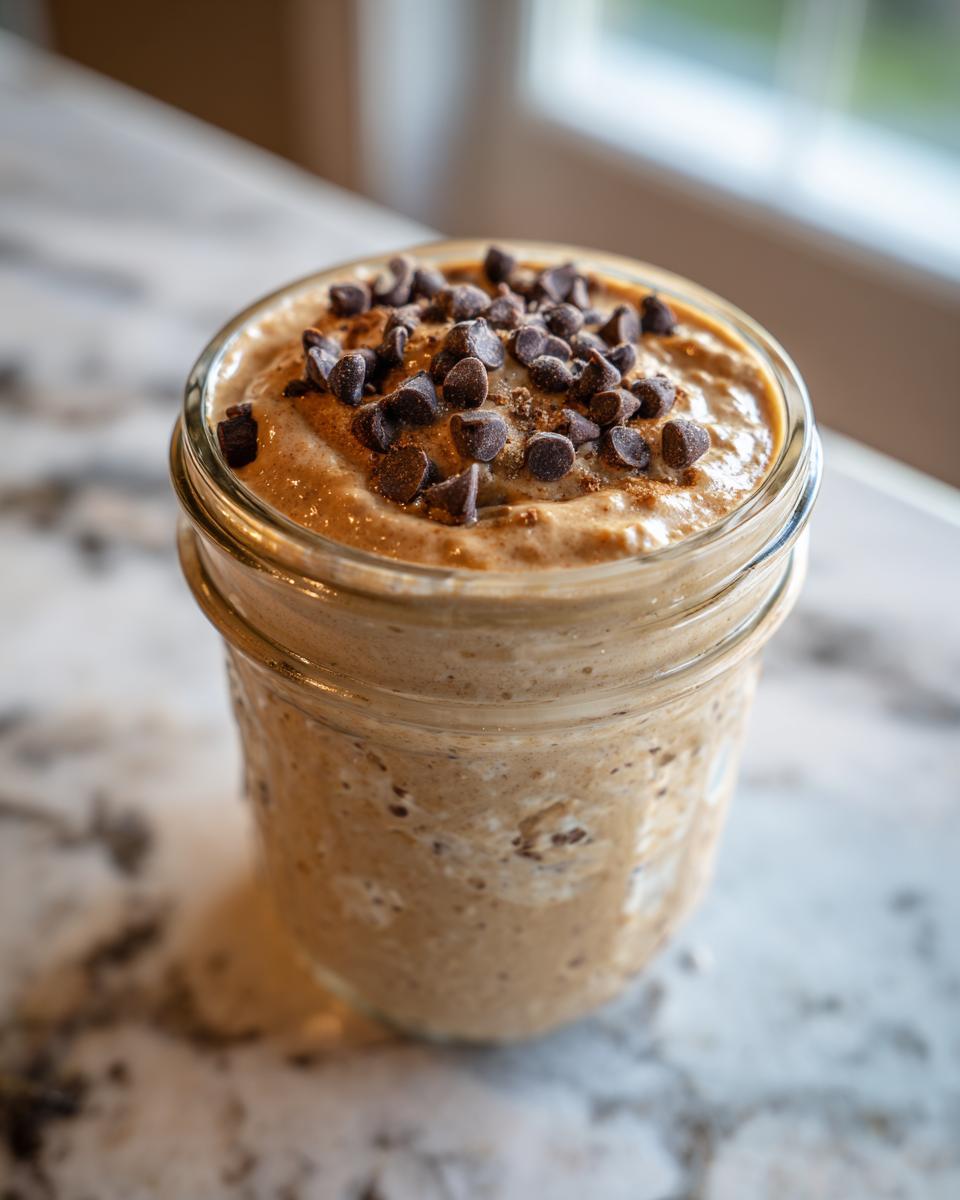 A close-up of cookie dough overnight oats in a glass jar, topped generously with mini chocolate chips and cinnamon.