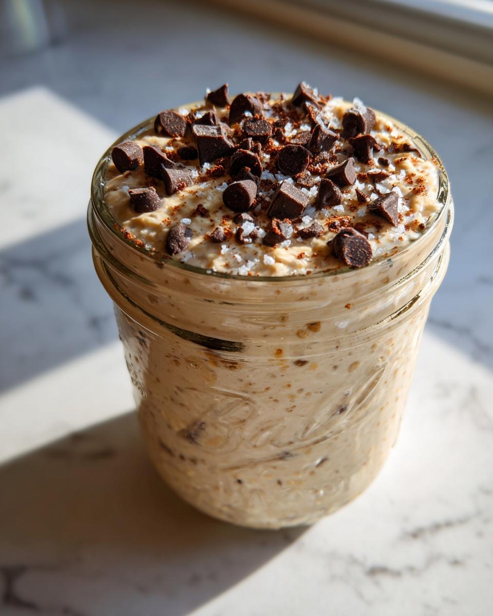 Close-up of cookie dough overnight oats in a mason jar, topped generously with chocolate chips and sea salt.