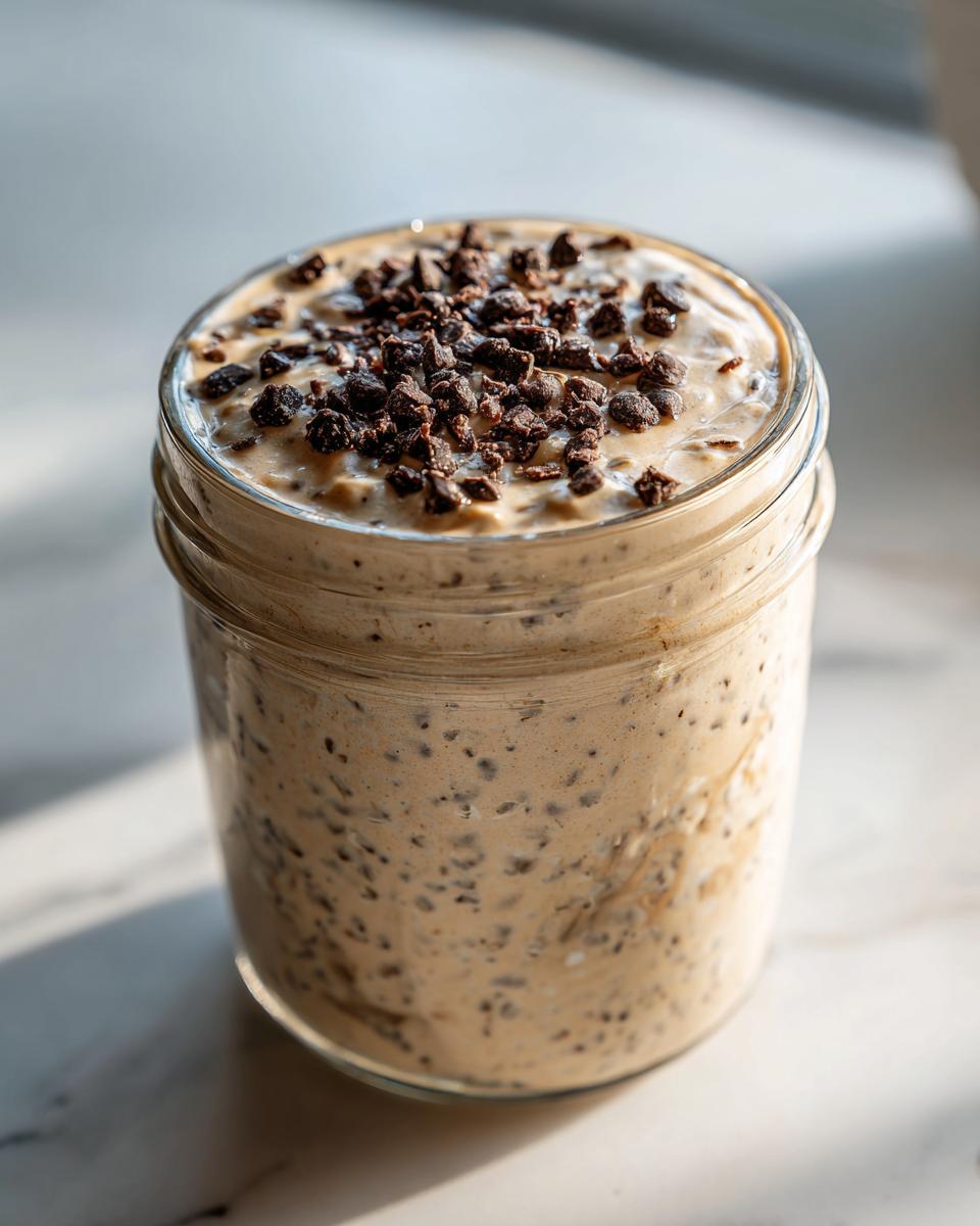 Close-up of cookie dough overnight oats in a glass jar, topped generously with chocolate chips.