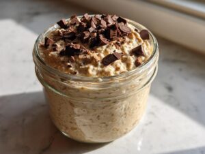 A close-up of cookie dough overnight oats topped generously with dark chocolate chunks in a glass jar.