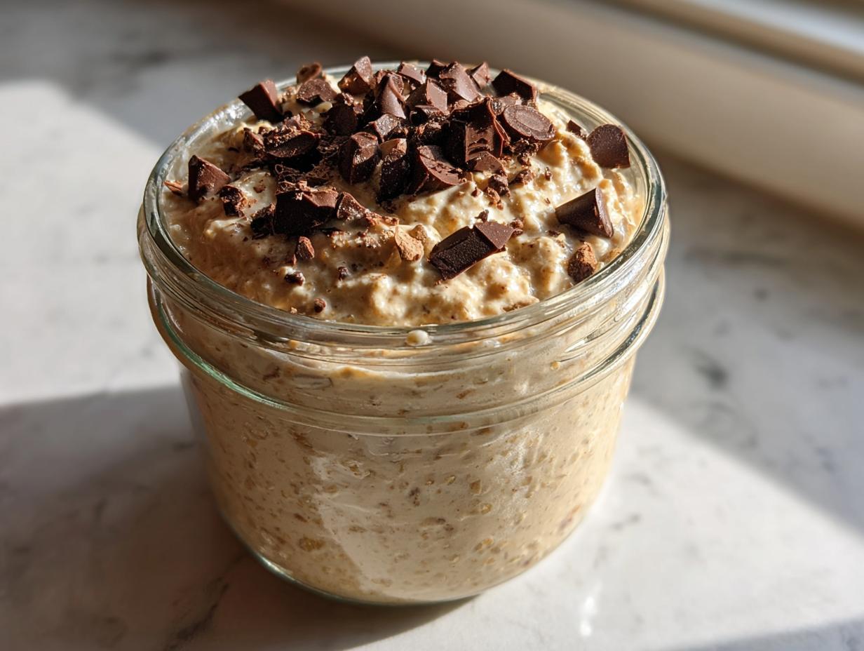 A close-up of cookie dough overnight oats topped generously with dark chocolate chunks in a glass jar.