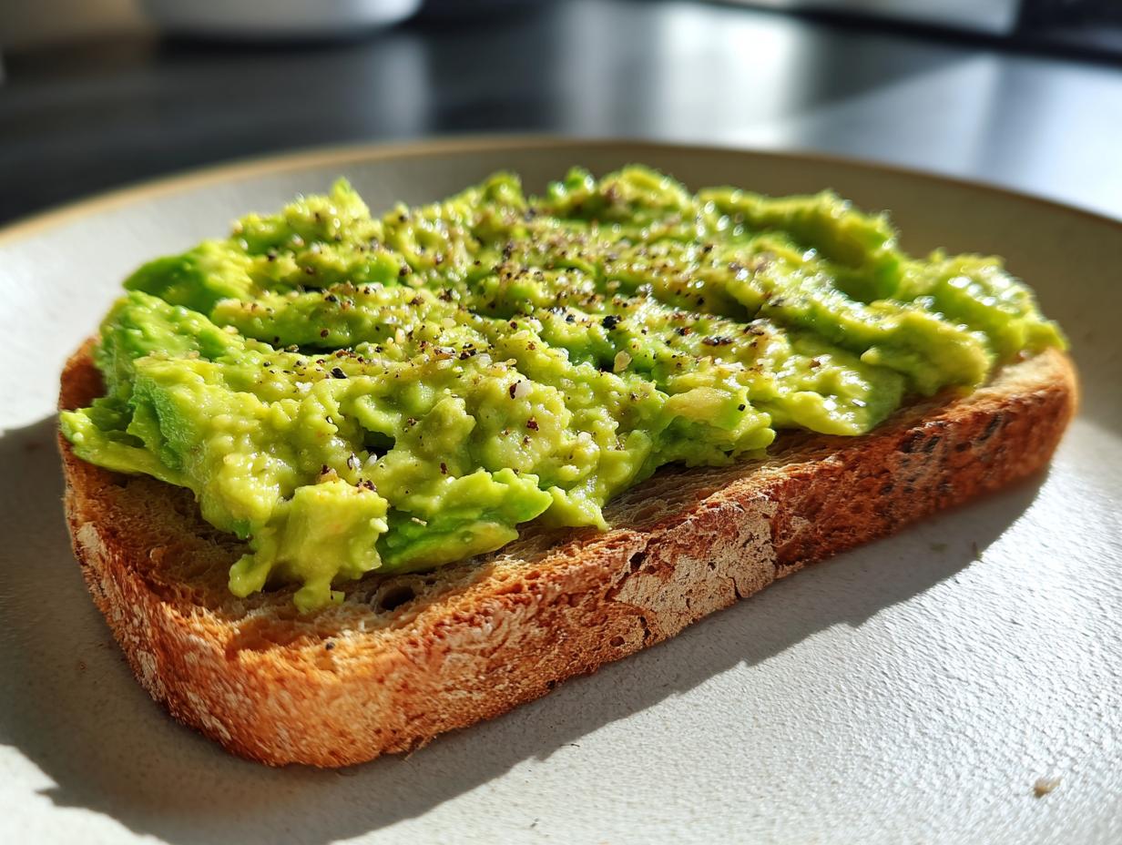 Close-up of creamy avocado toast seasoned with pepper and seeds on a light plate.