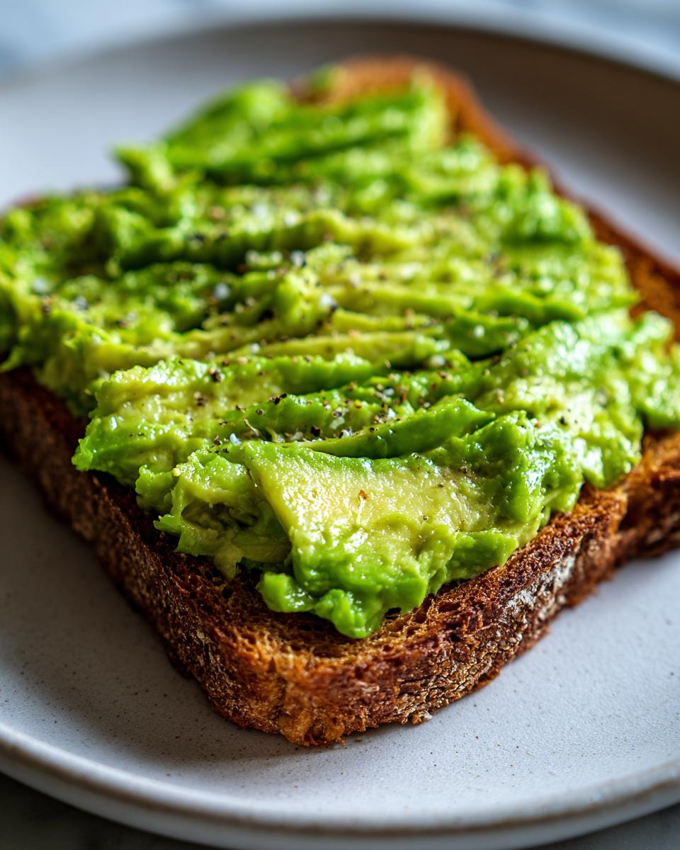 Close-up of creamy avocado toast on dark toast, seasoned with cracked black pepper.