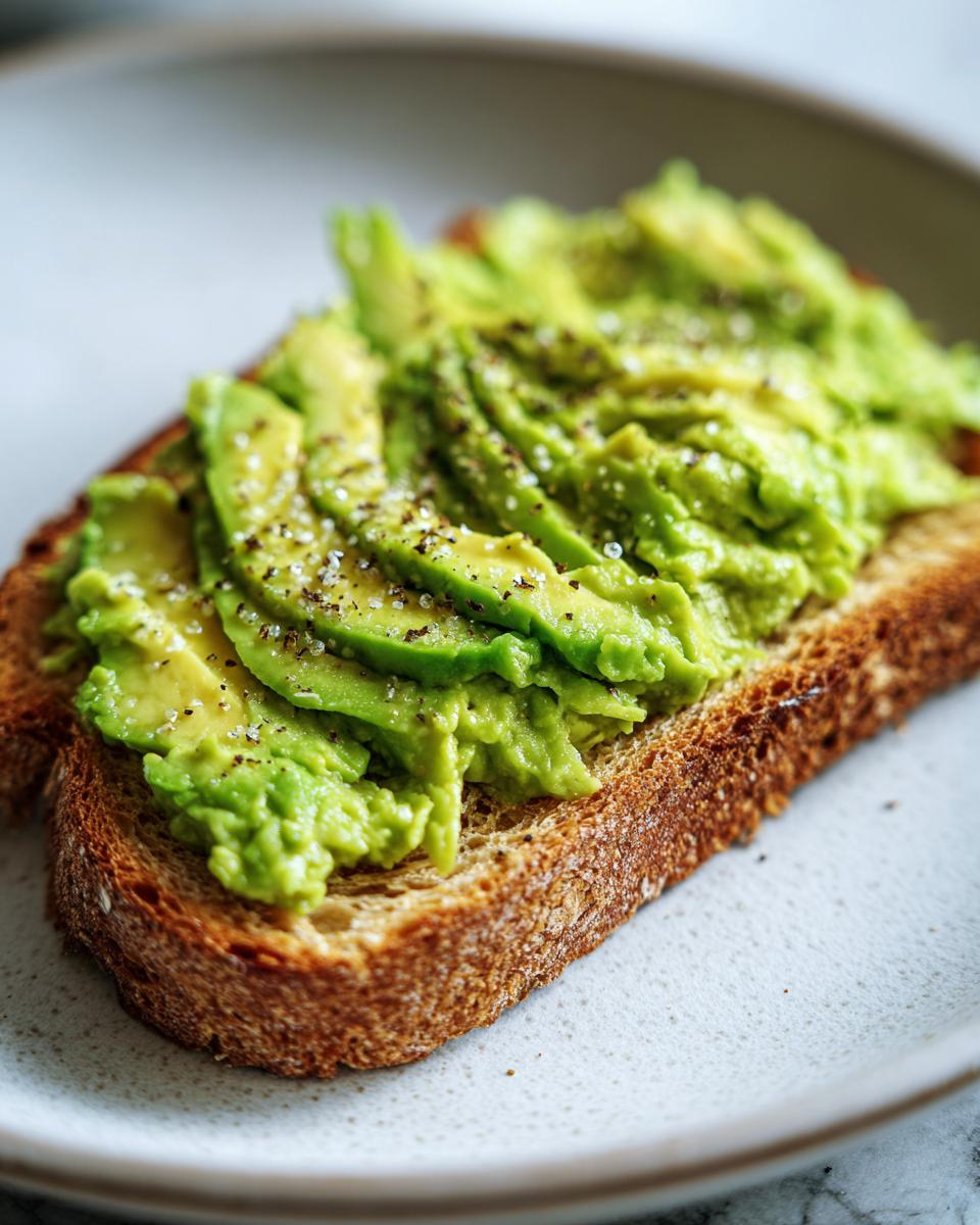 Close-up of perfectly prepared avocado toast topped with sliced avocado, coarse salt, and black pepper.