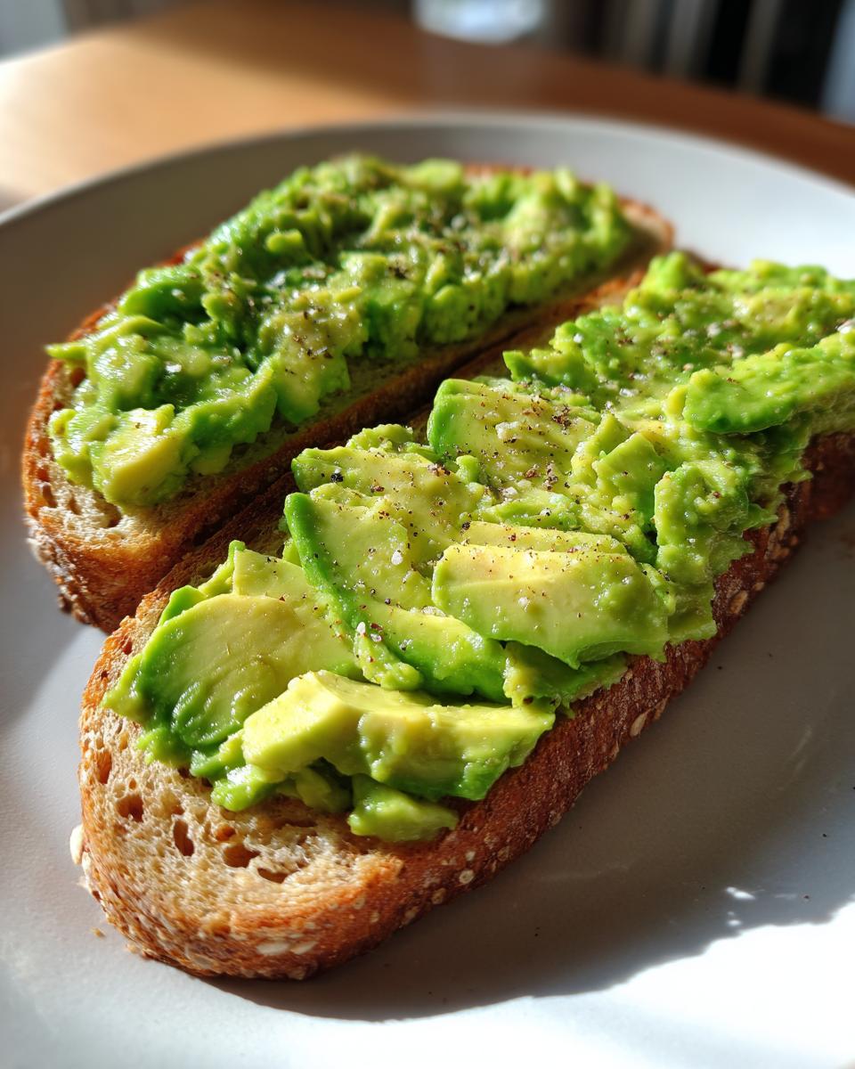 Close-up of two slices of avocado toast topped with mashed and sliced avocado, seasoned with salt and pepper.