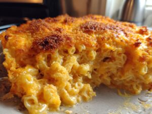 A close-up of a serving of creamy baked mac and cheese showing the gooey noodles and a golden, crispy breadcrumb topping.