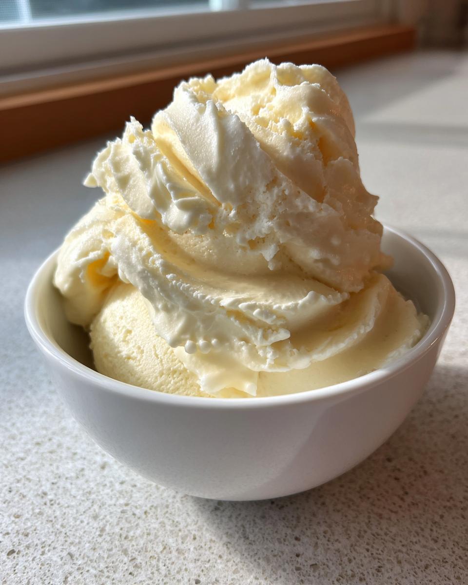 A generous scoop of creamy, pale yellow banana ice cream served in a small white bowl.