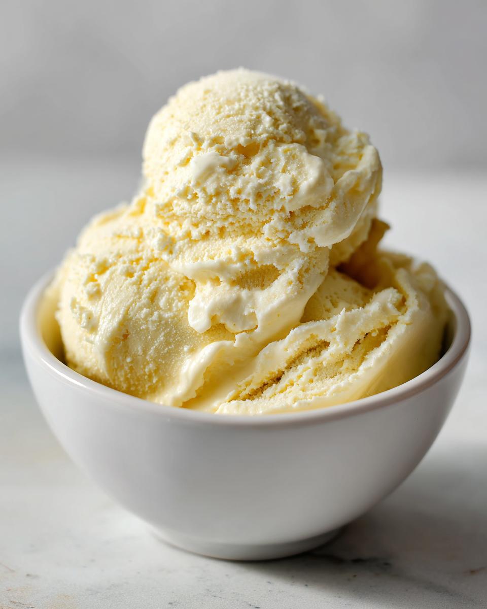 Close-up of creamy, pale yellow banana ice cream scooped high in a white bowl.