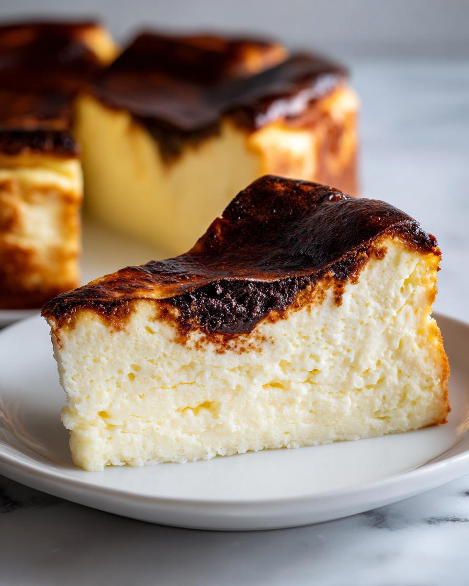 A close-up slice of creamy Basque cheesecake featuring a deeply caramelized, burnt top, served on a white plate.