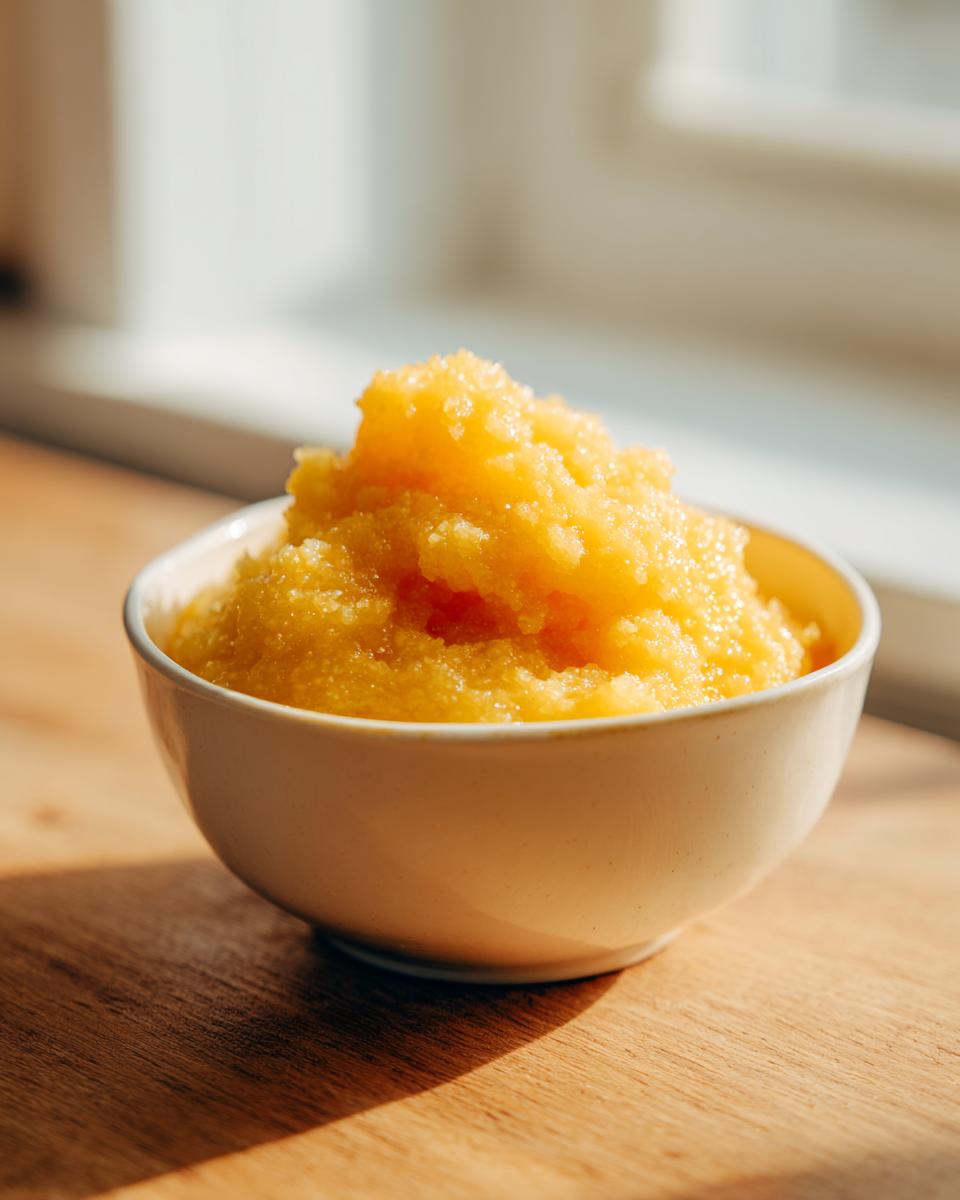A close-up of a small white bowl filled with bright yellow, creamy cheese grits, sitting on a wooden surface.